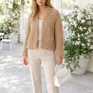 The Great. The Short Monster Loop Knit Cardigan Sweater Open Front Tan